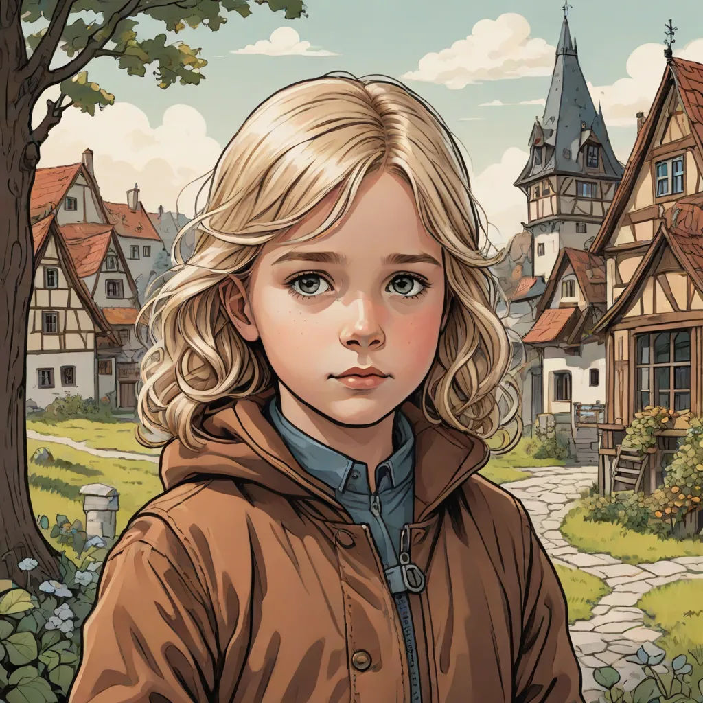 a young girl standing in front of a tree and a house with a clock tower on it's side, fantasy art, a storybook illustration, Aaron Jasinski, graphic novel