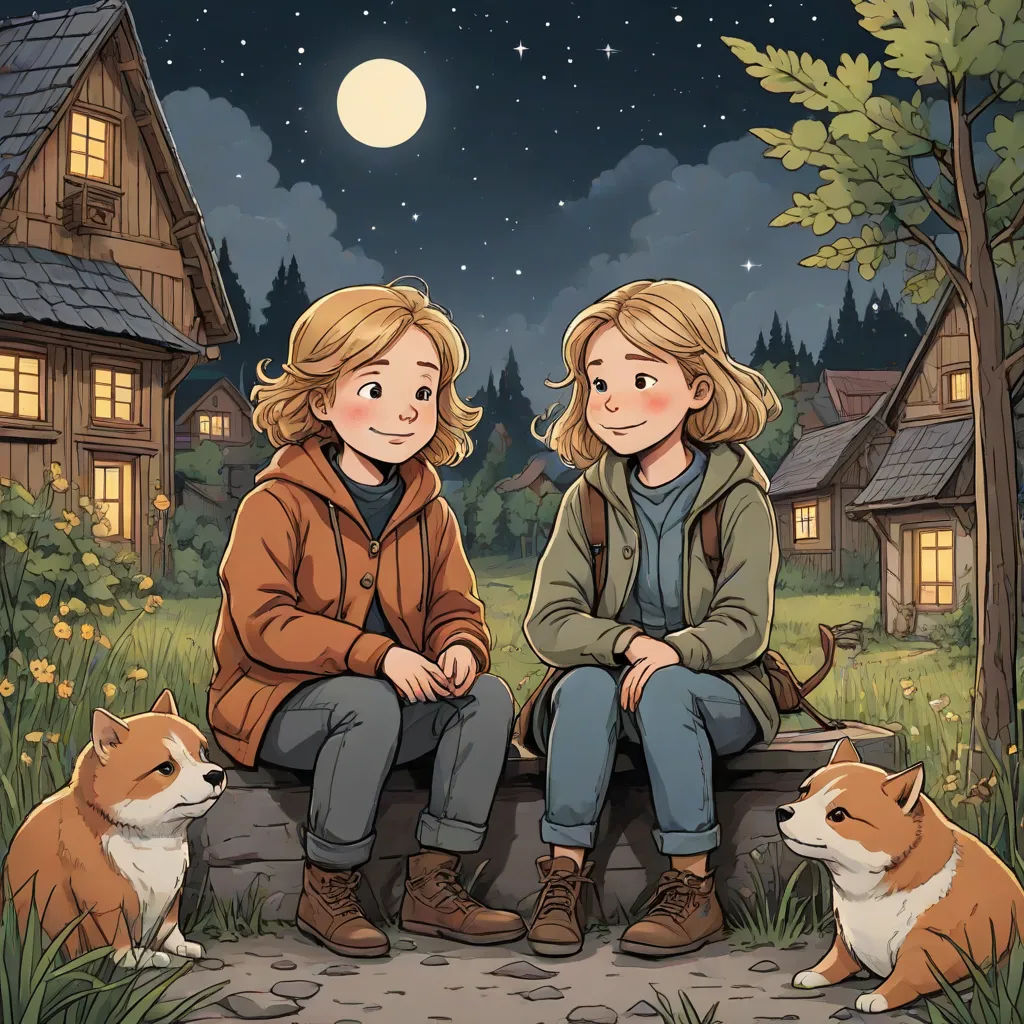 two children sitting on a bench with a dog and a cat in front of them at night time with a full moon, sots art, a storybook illustration, Cliff Childs, official art