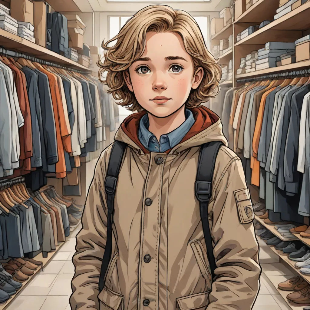 a young boy standing in front of a closet full of clothes and a backpack on his back, with a backpack on his shoulder, photorealism, a comic book panel, Cliff Childs, graphic novel