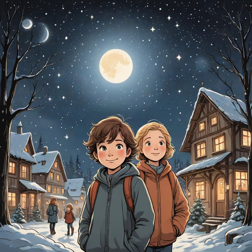 a couple of people standing in front of a house under a full moon sky with a full moon behind them, space art, a storybook illustration, Cliff Childs, official art