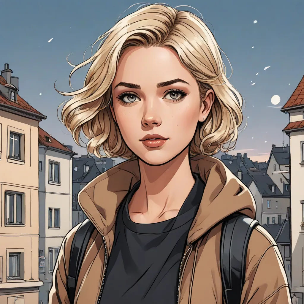 a woman with blonde hair and a brown jacket on a city street with buildings and a moon in the sky, photorealism, a character portrait, Artgerm, stanley artgerm lau