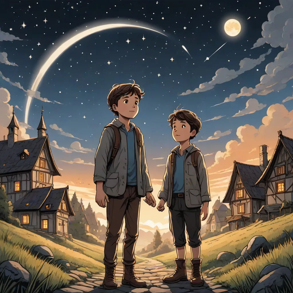 two people standing in front of a house under a night sky with a crescent above them and a full moon above them, fantasy art, a storybook illustration, Brothers Hildebrandt, official art