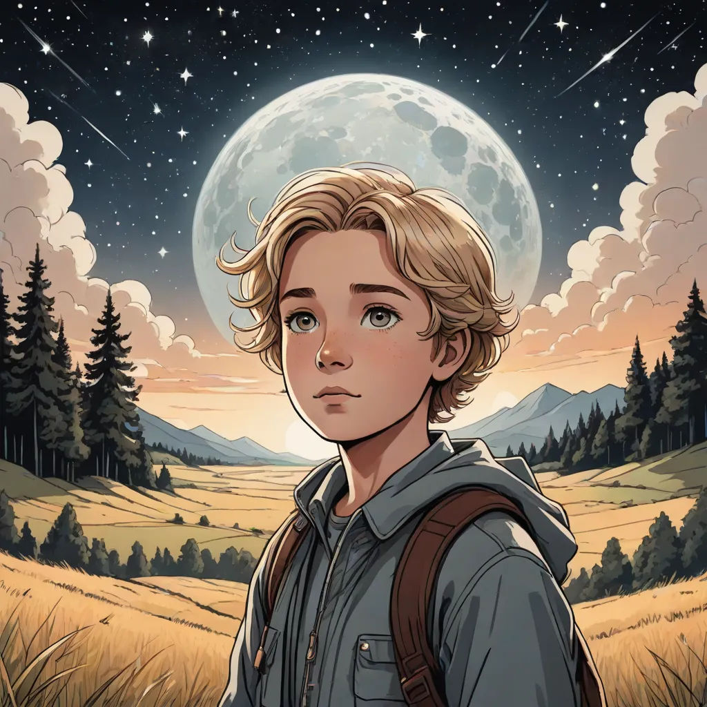 a boy with a backpack standing in front of a full moon and stars filled sky with trees and a field, space art, a comic book panel, Evan Charlton, comic cover art