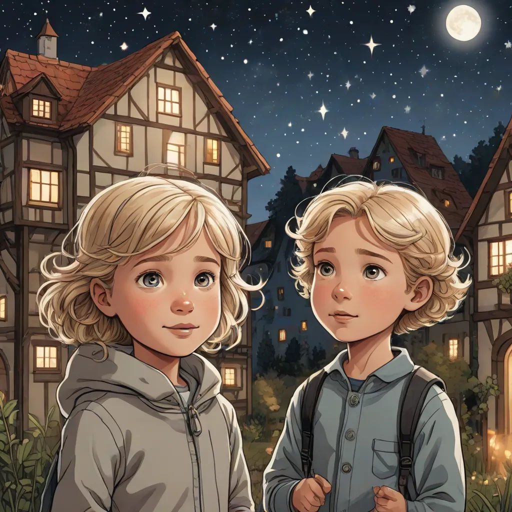 two children standing in front of a house at night with the moon in the sky above them and stars above them, fantasy art, a storybook illustration, Brothers Hildebrandt, storybook illustration