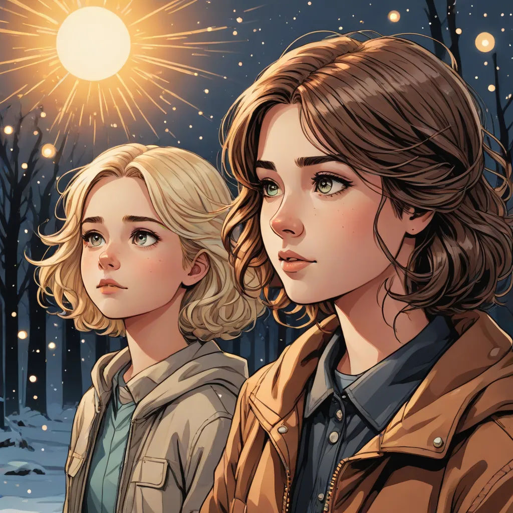 two women standing in the snow with a sun in the background and snow falling on them, and a snowflake in the background, sots art, a comic book panel, Charlie Bowater, comic cover art