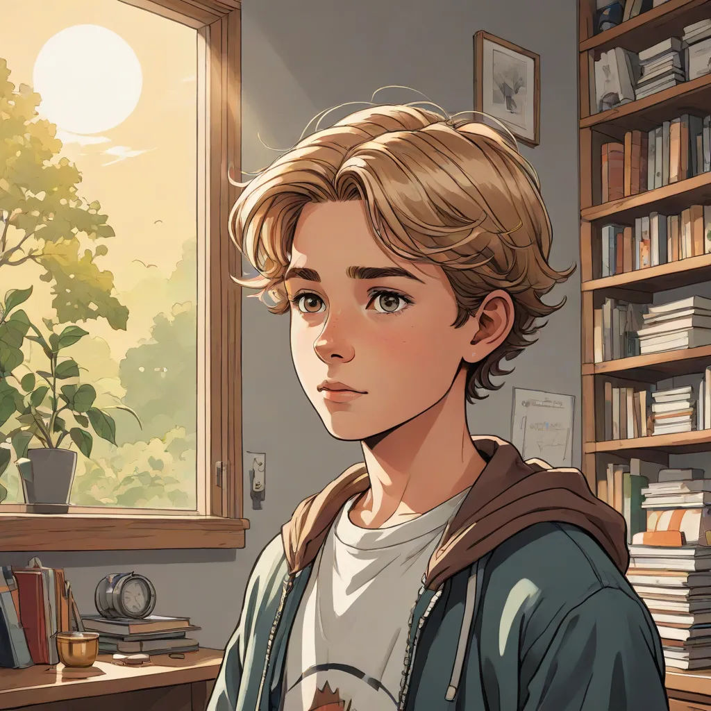 a boy in a room with a window and a book shelf full of books and a cat on his lap, sots art, a comic book panel, Cedric Seaut (Keos Masons), rossdraws global illumination