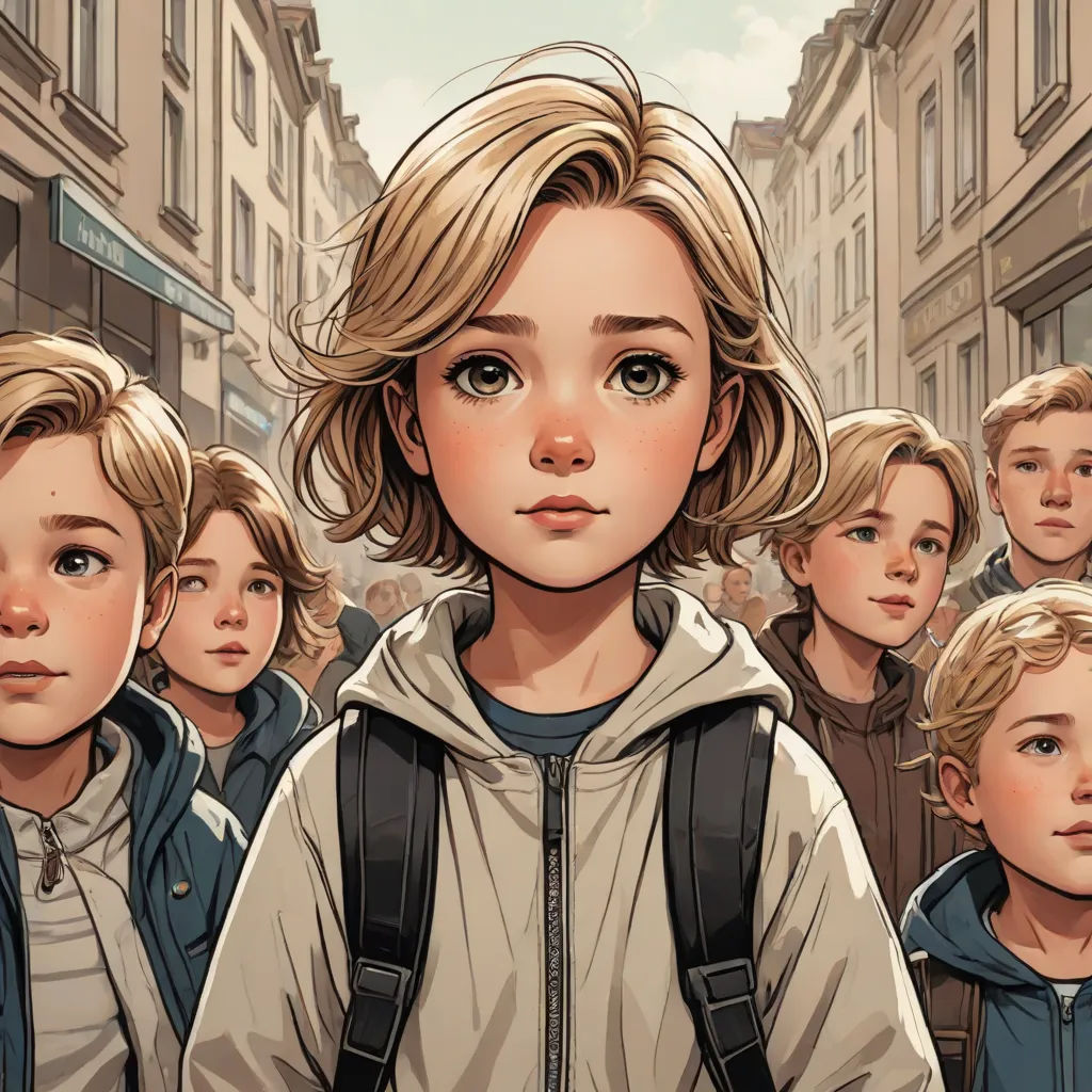 a group of children standing in a line in a city street, with a boy in the middle of the picture, neoism, a comic book panel, Cliff Childs, stanley artgerm lau