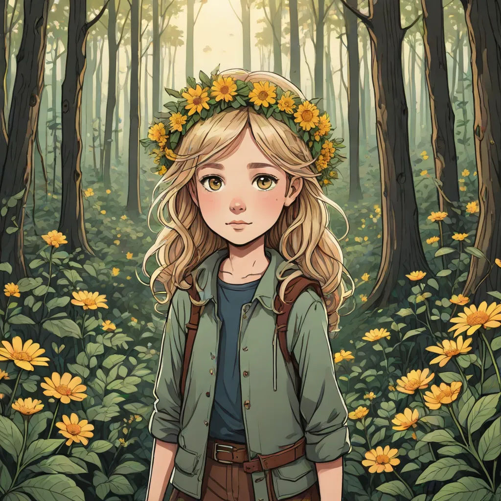 a girl with a wreath of flowers in her hair standing in a forest with sunflowers on her head, fantasy art, a character portrait, Charlie Bowater, trending on art station