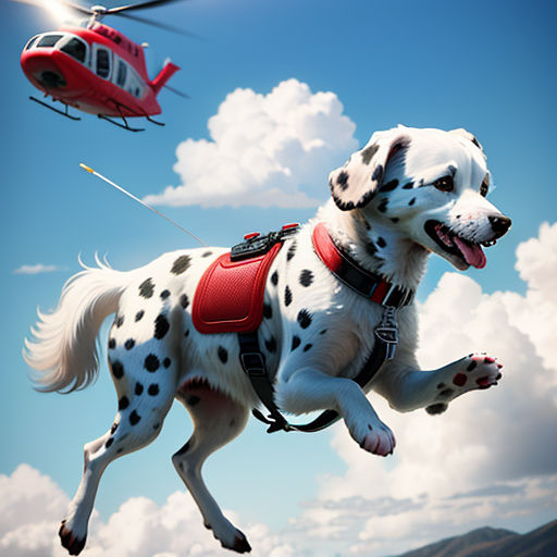 a dog is in the air with a helicopter in the background and a helicopter in the sky above it