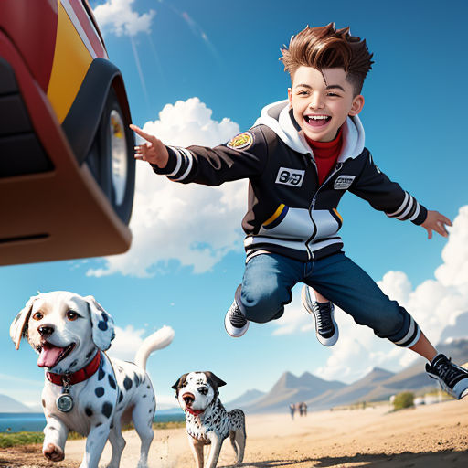 a boy is jumping in the air with two dogs nearby him and a car in the background with a sky background