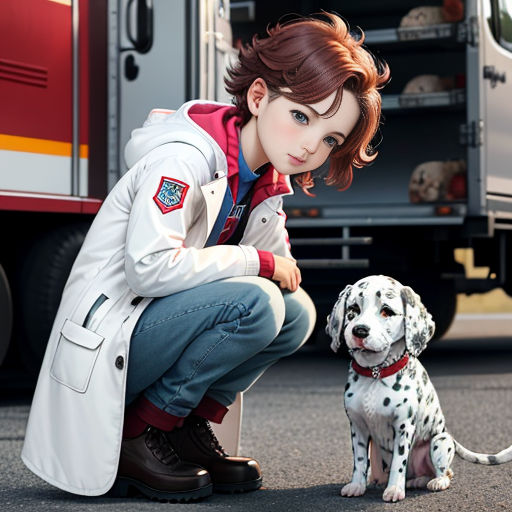 a woman kneeling down next to a dog on the ground next to a fire truck and a fire truck