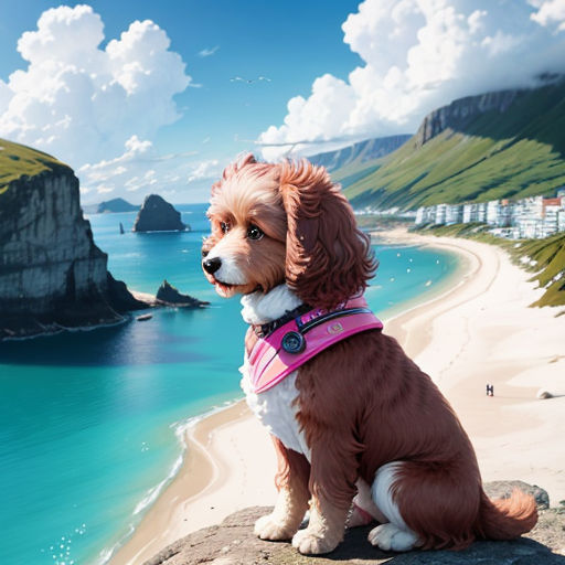 a dog sitting on a rock overlooking a beach and a body of water with a cliff in the background