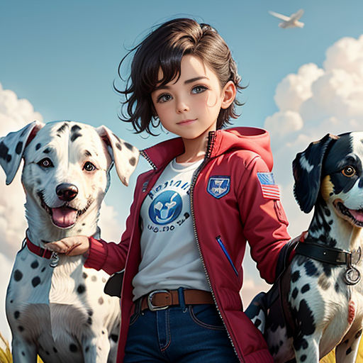 a girl in a red jacket and two dogs in a field of grass with a plane in the background