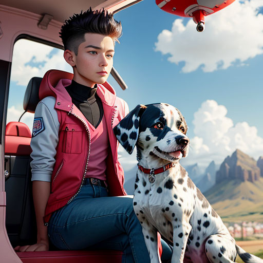 a boy sitting in the back of a truck with a dalmatian dog next to him and a plane in the background