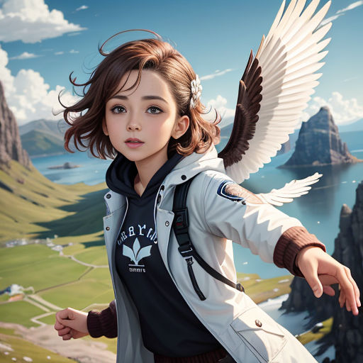 a girl with a bird on her shoulder and a mountain in the background with a lake and mountains in the foreground