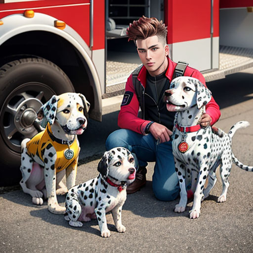 a man kneeling down next to three dalmatian dogs in front of a fire truck with a fireman