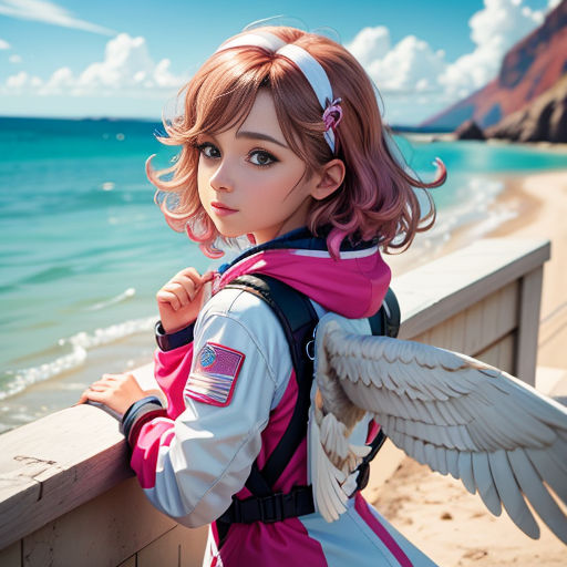 a girl with pink hair and a pink and white jacket is standing on a beach with a large bird