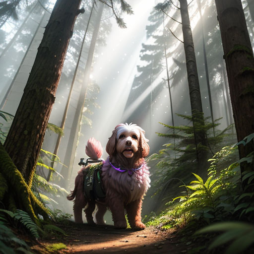 a dog with a backpack on a trail in the woods with sunbeams behind it and a trail leading to it