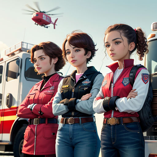 three women standing in front of a fire truck with a helicopter in the background and a helicopter flying overhead