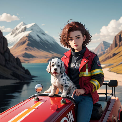 a woman sitting on top of a red car next to a dog on the road near a lake and mountains