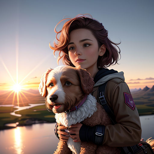 a woman holding a dog in her arms in front of a lake at sunset with mountains in the background