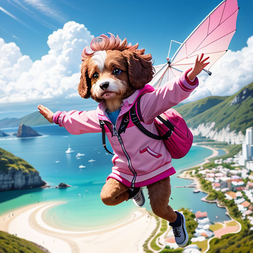 a dog dressed in pink is flying in the air with a kite in its mouth and a pink jacket on