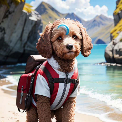 a dog with a backpack on the beach looking at the camera man taking a picture of him with his camera