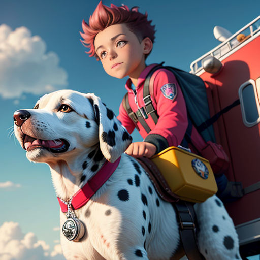 a boy riding on the back of a dalmatian dog in front of a fire truck with a fireman