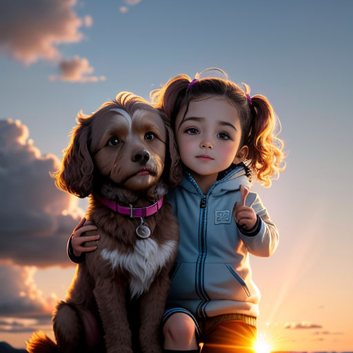a little girl hugging a dog on the beach at sunset with the sun behind her and clouds in the sky