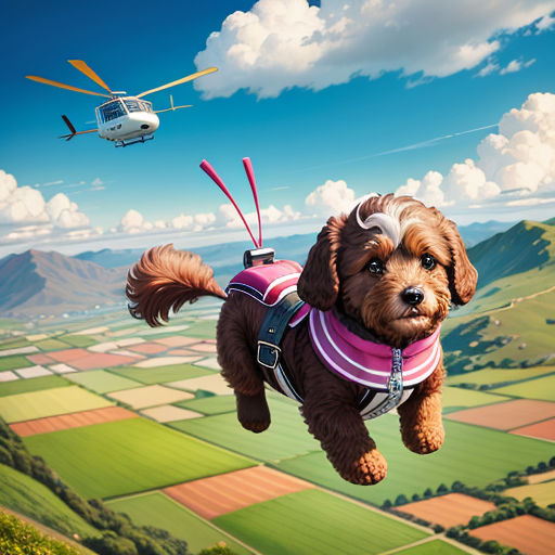 a dog is flying in the air with a harness on and a helicopter in the background with a dog on it