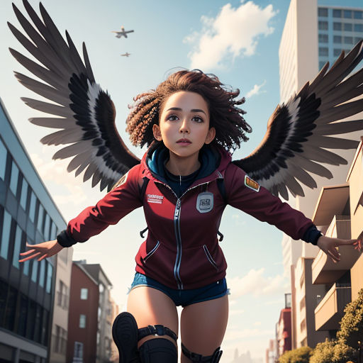 a woman with a large bird wings on her back in a city street with buildings and a plane in the background