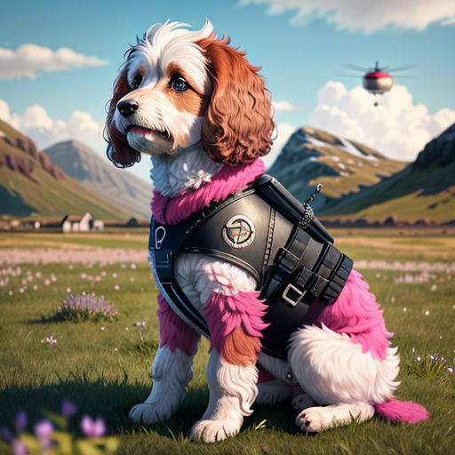 a dog in a pink outfit sitting in a field of flowers with a hot air balloon in the background