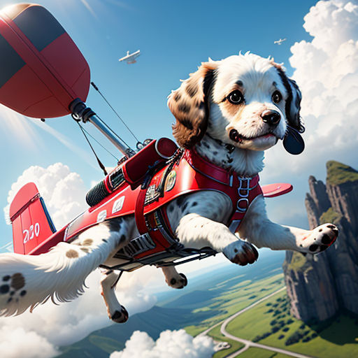a dog is flying in a red airplane with a red harness on and a red and white dog is in the air