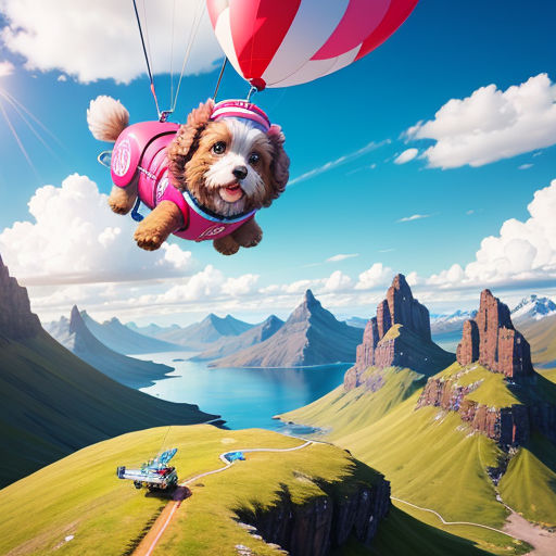 a dog in a pink shirt is flying over a mountain range with a hot air balloon in the sky