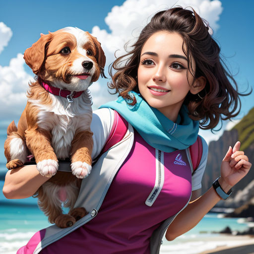 a woman holding a dog on her back on the beach with a blue sky and white clouds in the background