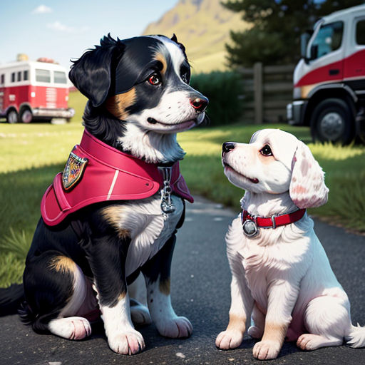 a couple of dogs sitting on the side of a road next to a fire truck and a fire truck
