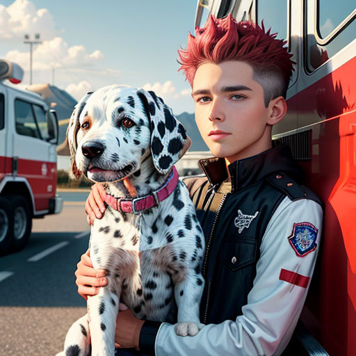 a boy with red hair and a dalmatian dog in front of a fire truck and a fire truck