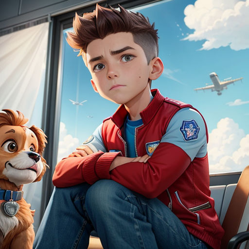 a boy sitting on a bench next to a dog and a window with a plane in the background and a plane flying overhead
