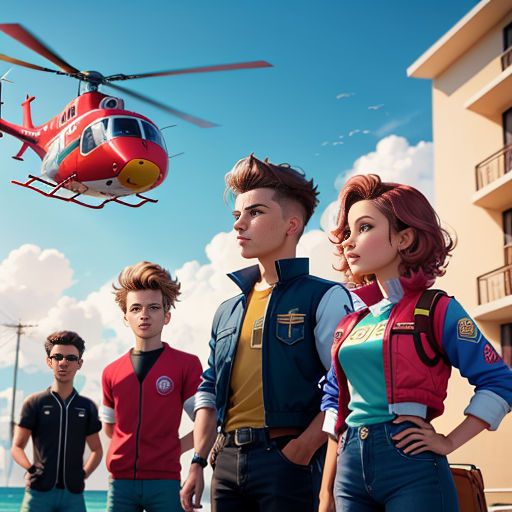 a group of people standing next to each other near a helicopter flying over the ocean and a building with a beach in the background