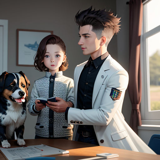 a man and a woman standing next to a dog on a desk with a phone in their hand and a dog on the desk