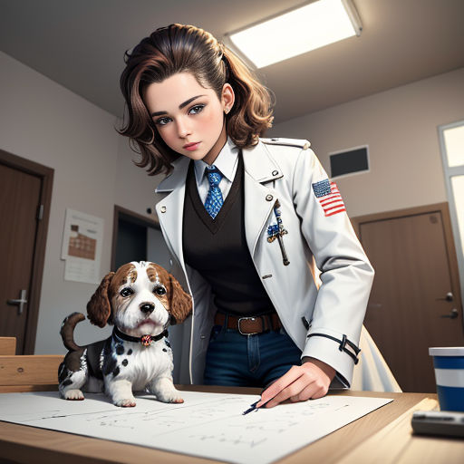 a woman in a military uniform is writing on a paper with a dog on her lap and a dog on the desk