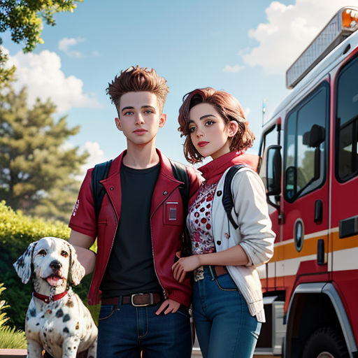 a man and a woman standing next to a fire truck with a dog on the leash and a man in a red jacket