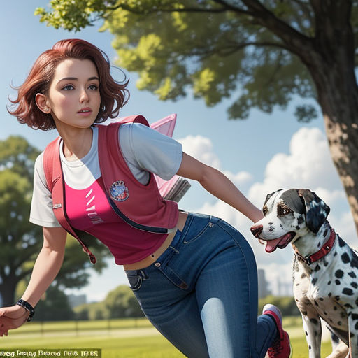 a woman in a red shirt and jeans is playing with a dog in a park with a tree and a bench