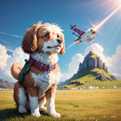 a dog is standing in a field with a plane in the background and a plane flying over it in the sky