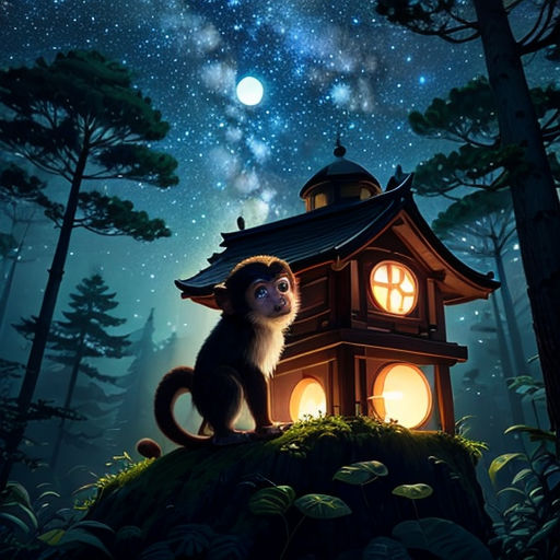 a cat sitting on top of a tree stump under a night sky filled with stars and a full moon