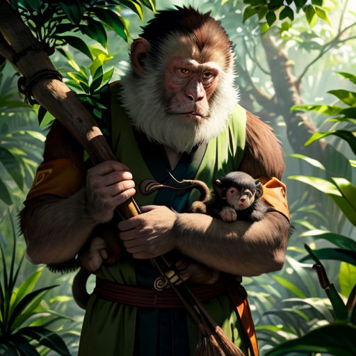 a monkey holding a monkey in a jungle with a man holding a stick and a monkey on his arm