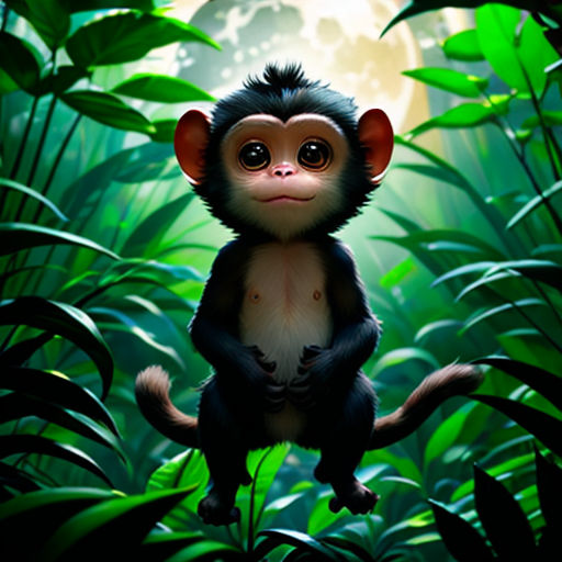 a monkey sitting in the middle of a jungle with a full moon in the background and a full moon in the sky