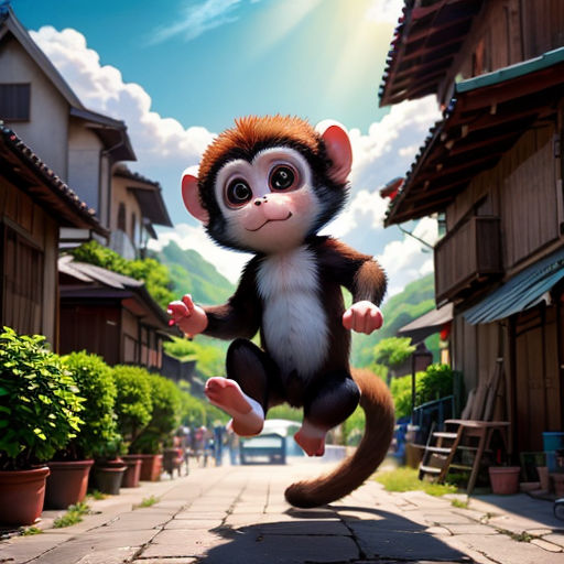 a monkey is jumping in the air in a cartoon scene with a street and buildings in the background and a sky with clouds