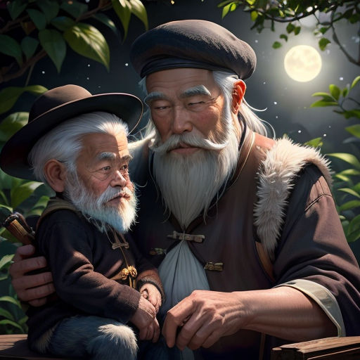 a painting of two old men sitting next to each other on a bench in the woods at night with a full moon in the background