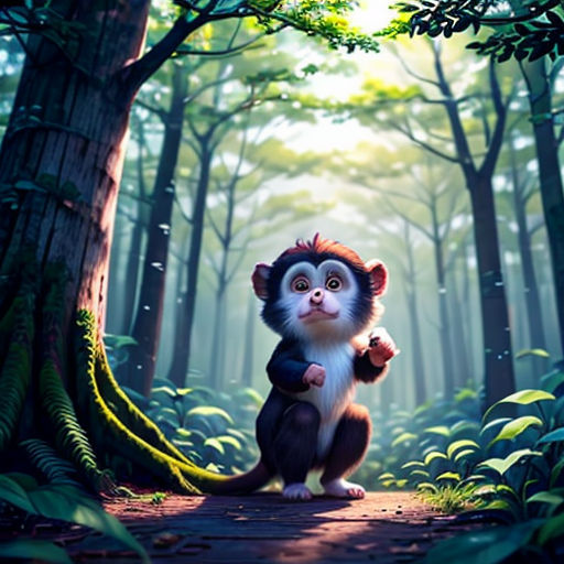 a monkey is sitting in the middle of a forest with a light shining through the trees and leaves on the ground